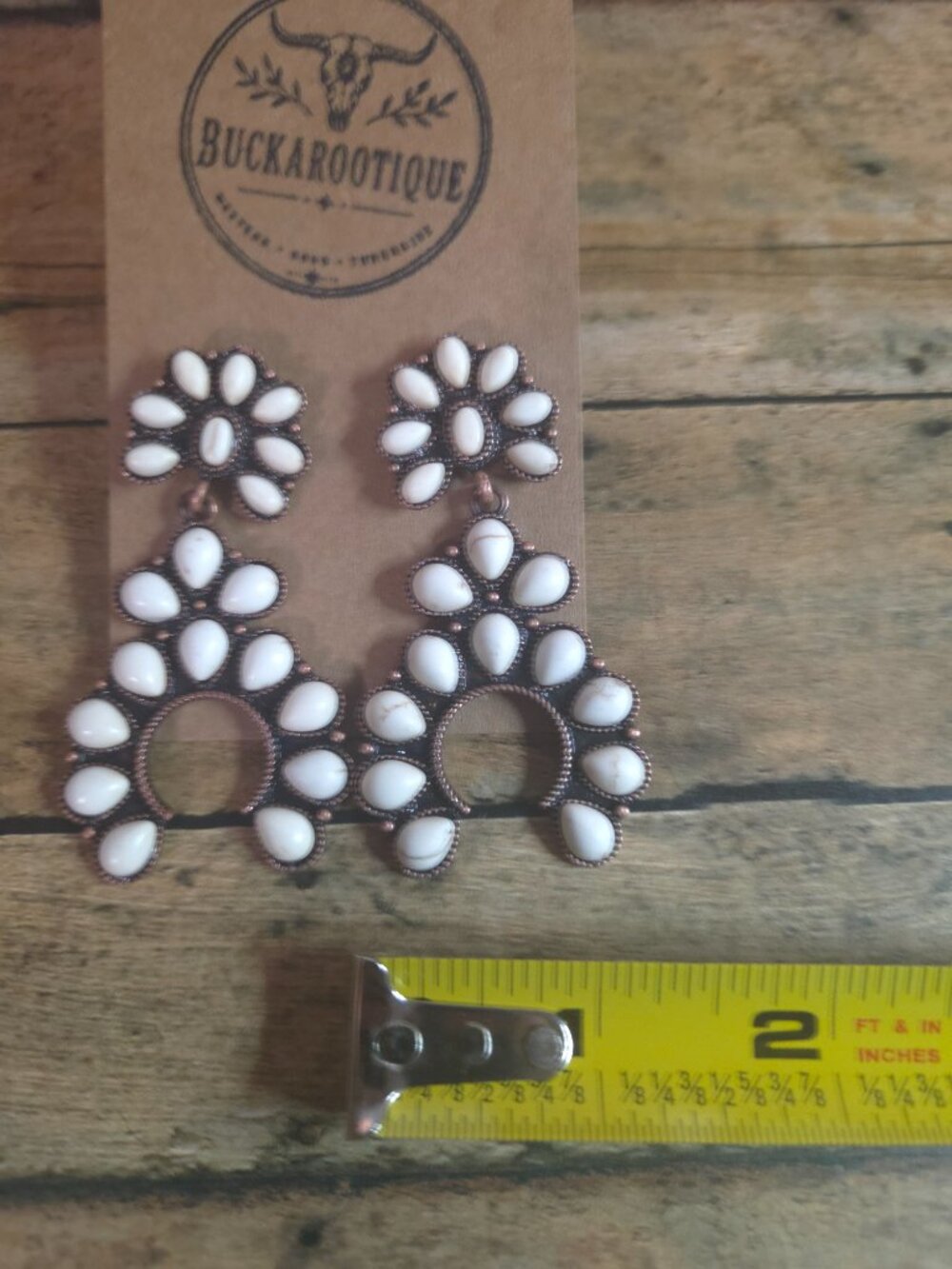 White Turquoise Squash Blossom Earrings Western Boho Rodeo Statement Jewelry - Picture 3 of 3